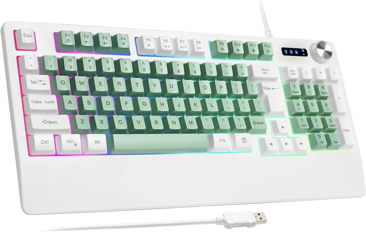 USB Wired RGB Gaming Keyboard — Volume Knob, Wrist Guard (Green/White)