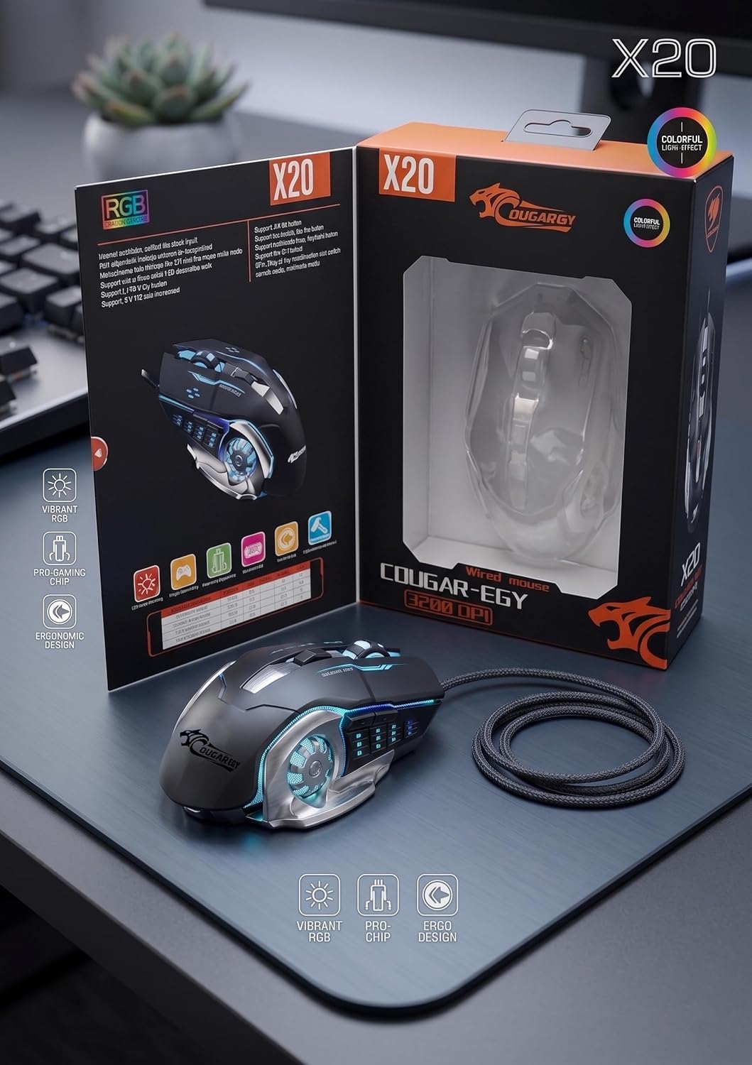 Cougar EGY X20 Wired Gaming Mouse, 3200 DPI, Black