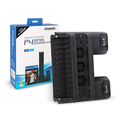 PlayStation 4\slim\Pro Stand with cooling fans and charger for controllers and 1 USB port and disk storage - Dobe